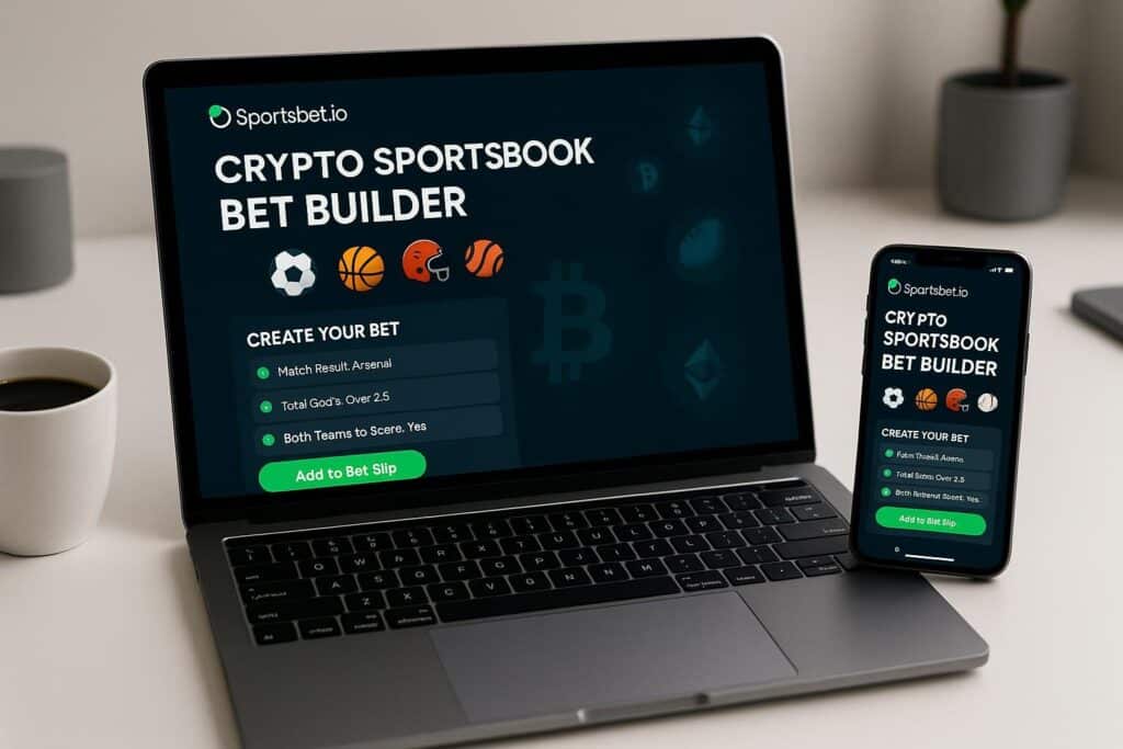 Laptop and smartphone display SportsBet.io Crypto Sportsbook Bet Builder app interface allowing users to create custom bets enhancing online betting experiences.
