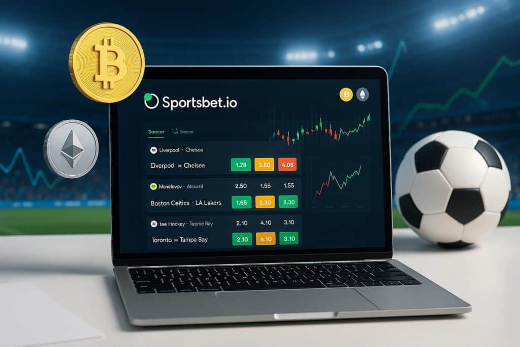 Laptop displaying SportsBet.io with crypto symbols alongside. Showcasing live betting odds on Crypto Sportsbook for sports enthusiasts interested in betting odds.
