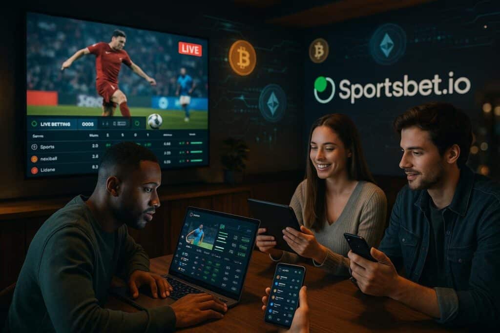 Group engaging with SportsBet.io Crypto Sportsbook while watching live sports streaming on multiple devices showcasing the dynamic experience of online sports betting.