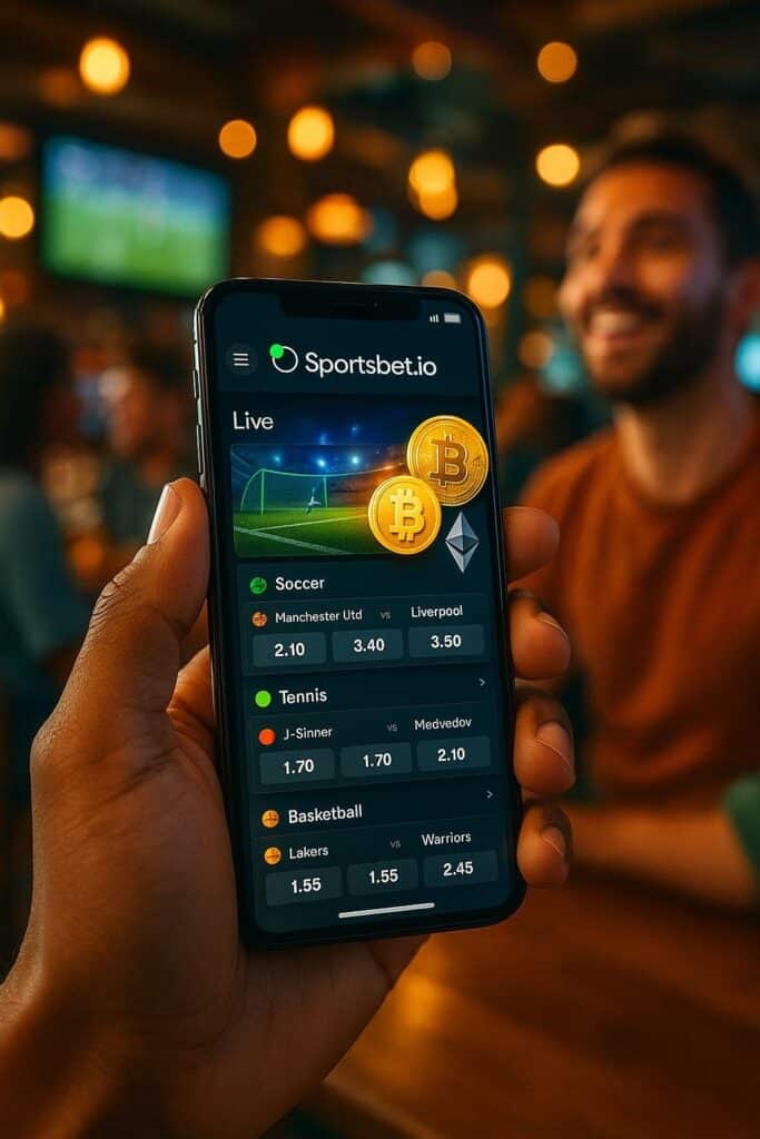 Hand holding a smartphone displaying the SportsBet.io interface for crypto sportsbook and mobile betting experience with live odds for soccer tennis and basketball games.