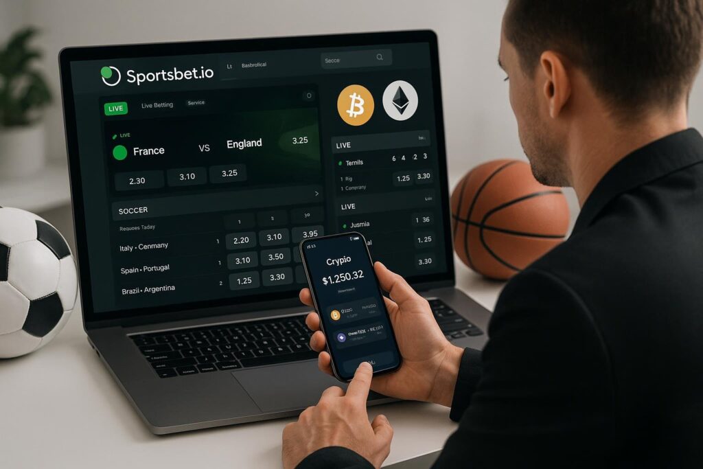 Man analyzing SportsBet.io Crypto Sportsbook Review on a laptop and smartphone with a soccer ball and basketball in the background showcasing live sports betting.