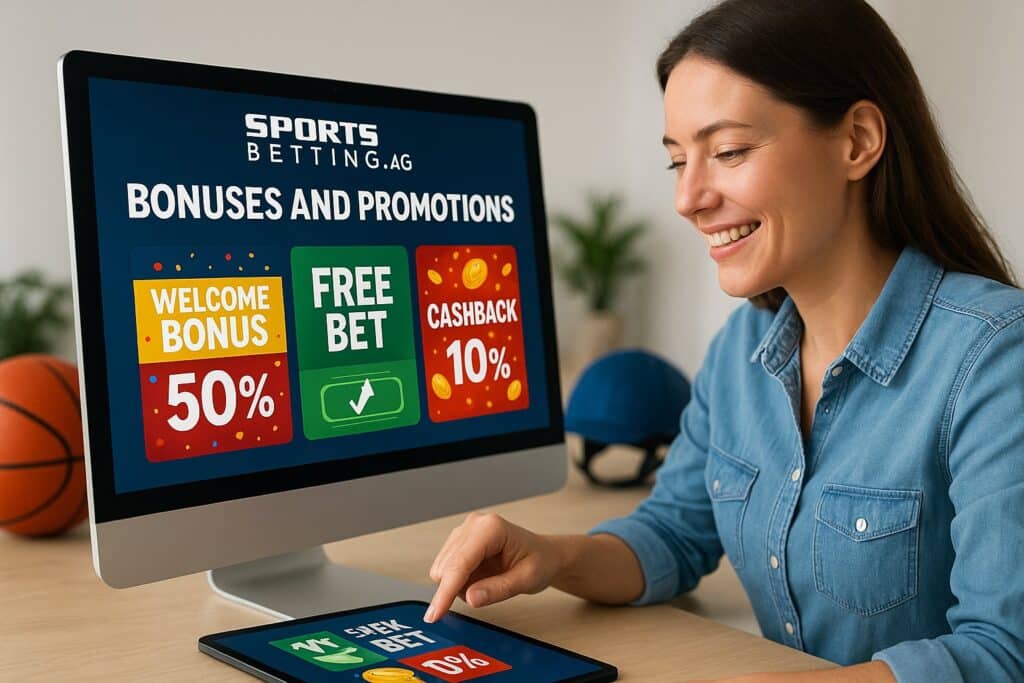 A woman engaging with online sports betting offers on a computer screen displaying SportsBetting Bonuses and Promotions including welcome bonus and cashback deals.