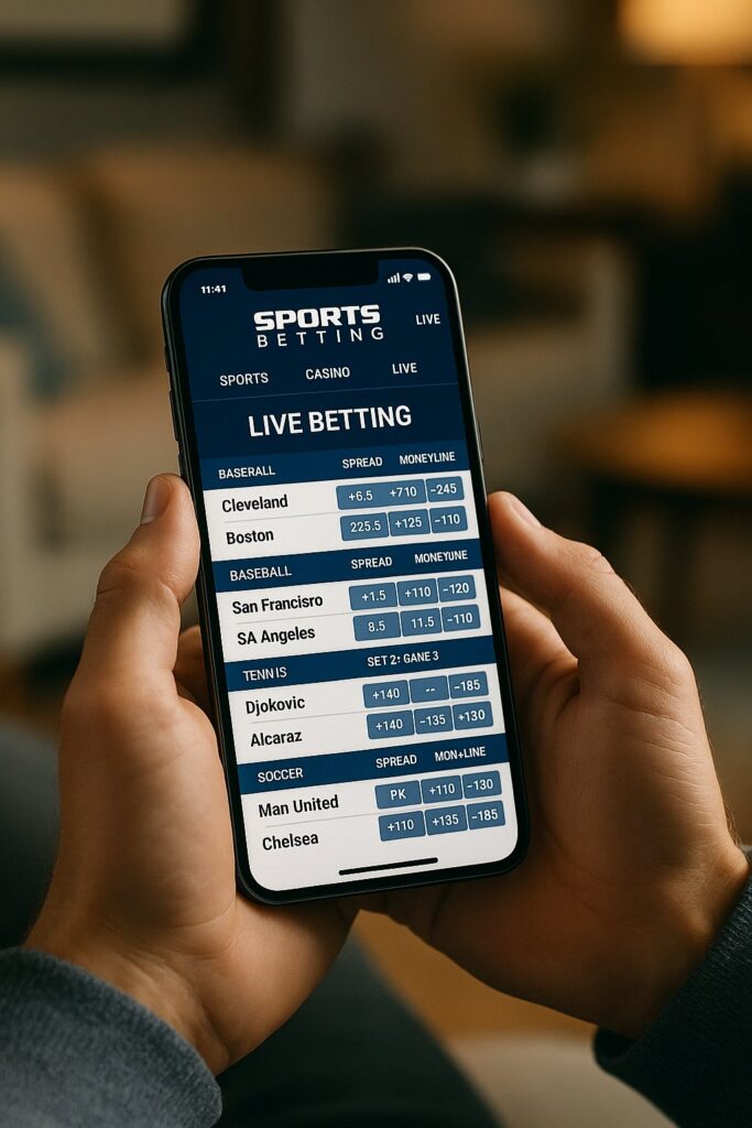 User holding a smartphone displaying the SportsBetting.ag Mobile App interface showing live betting options for baseball tennis and soccer with odds and spreads.
