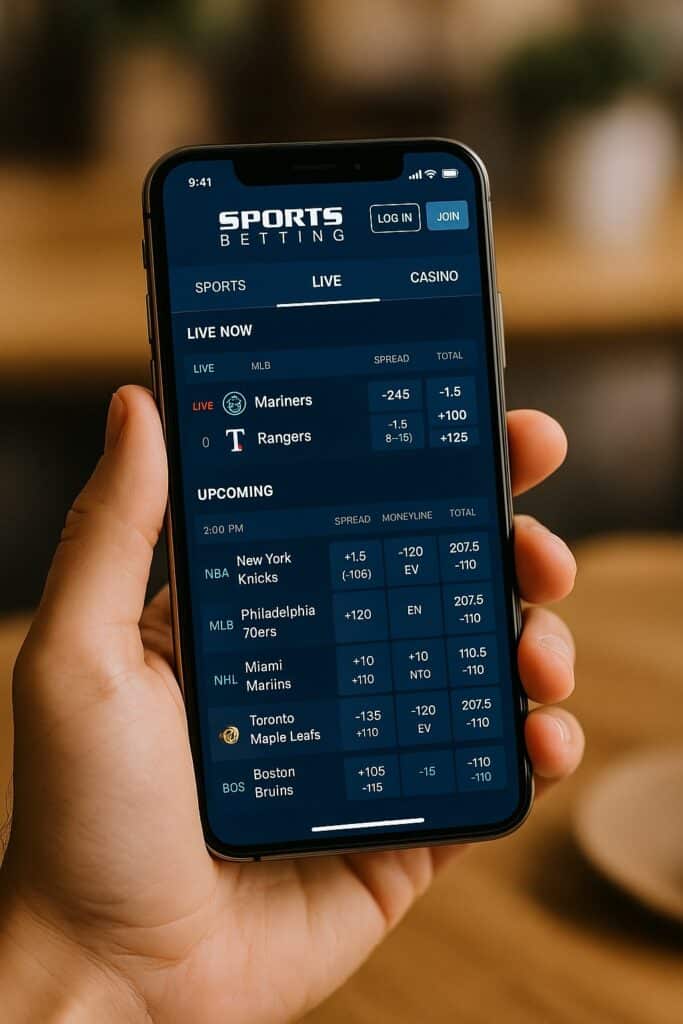 Person holding smartphone displaying sports betting app interface highlighting the SportsBetting mobile experience with live game updates and betting odds for users.