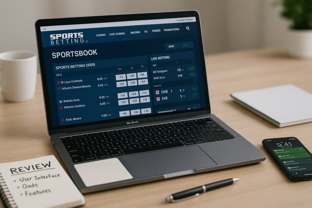 Laptop displaying a sports betting site on a desk with review notes highlights a detailed SportsBetting Review with insights on odds features and user interface.