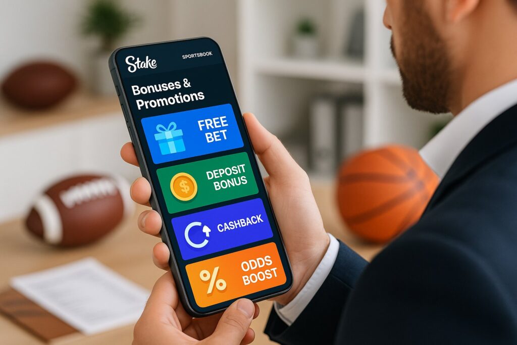 Person holding a phone displaying Stake Bonuses and Promotions including free bet deposit bonus cashback and odds boost offers with sports equipment in background.