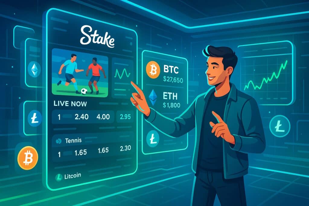 A man interacts with a digital interface showing live betting odds and cryptocurrency values at Stake Crypto Sportsbook featuring Bitcoin and Ethereum integration.