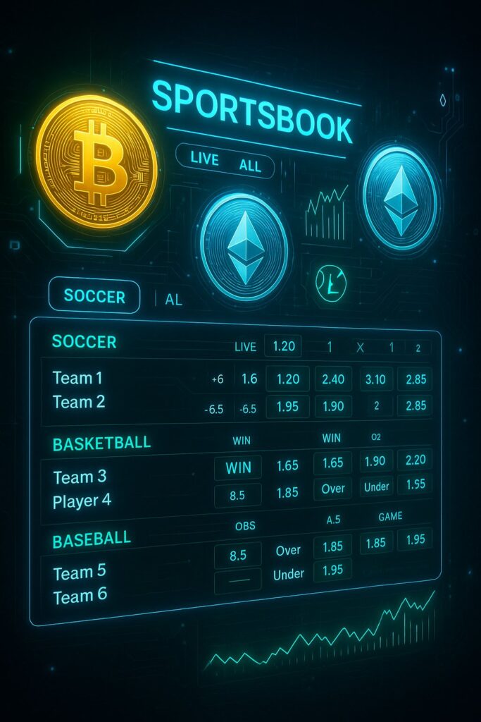Digital display of a Stake Crypto Sportsbook featuring soccer basketball and baseball odds with Bitcoin and Ethereum symbols highlighting crypto sports betting integration.
