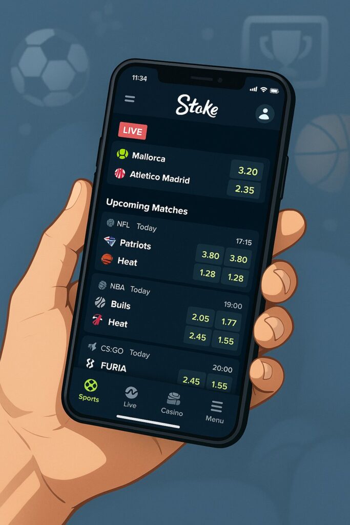 A mobile device displaying the Stake sportsbook app showcasing user-friendly experience and live betting options for enhanced mobile engagement and convenience.