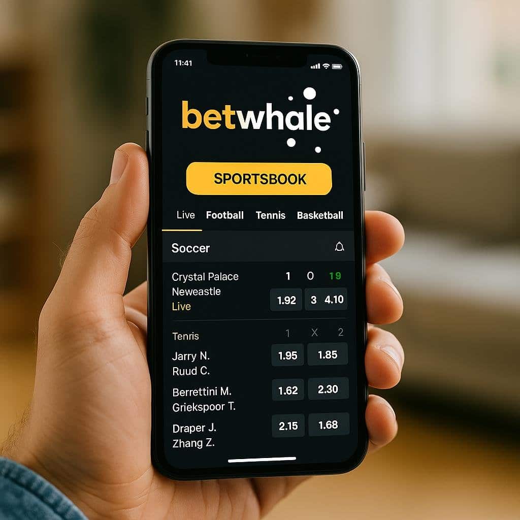 Hand holding a smartphone displaying the betwhale Mobile App interface showing live sports betting options for soccer and tennis highlighting its user-friendly design.
