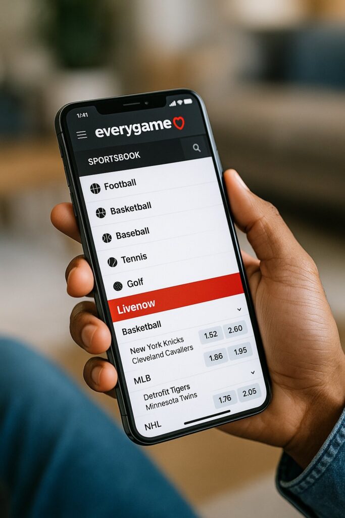 User browsing sports options on everygame Mobile App showcasing live scores and betting choices across various sports like basketball and baseball on a smartphone screen.