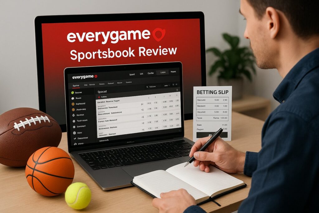 Man reviewing everygame Sportsbook interface on a laptop with basketball and football nearby capturing an in-depth everygame Review in a focused setting