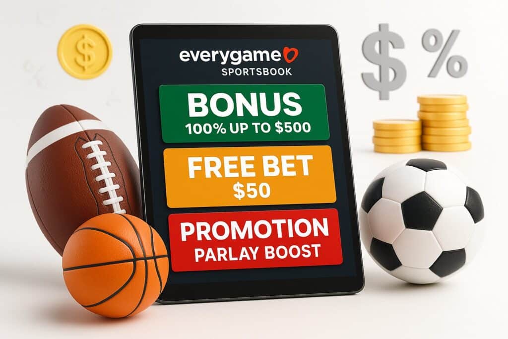 Everygame Bonuses and Promotions on display with a tablet showcasing offers like a $500 bonus and $50 free bet alongside sports items like a football and basketball.