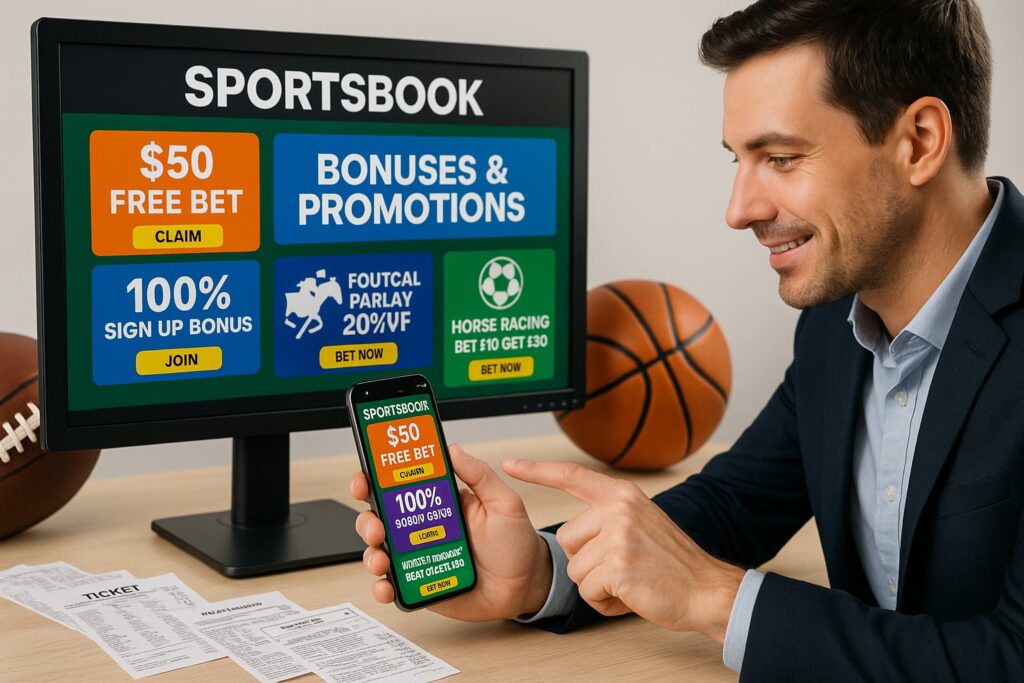 Smiling man exploring everygame Bonuses and Promotions on his phone with a screen showing sportsbook offers and a basketball in the background for new sign-up deals.