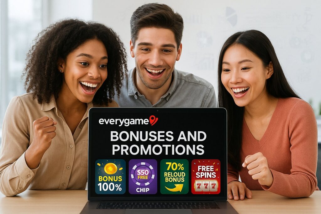 Group of excited people looking at a laptop screen displaying everygame Casino Bonuses and Promotions with offers like 100 percent bonus free chips and free spins.