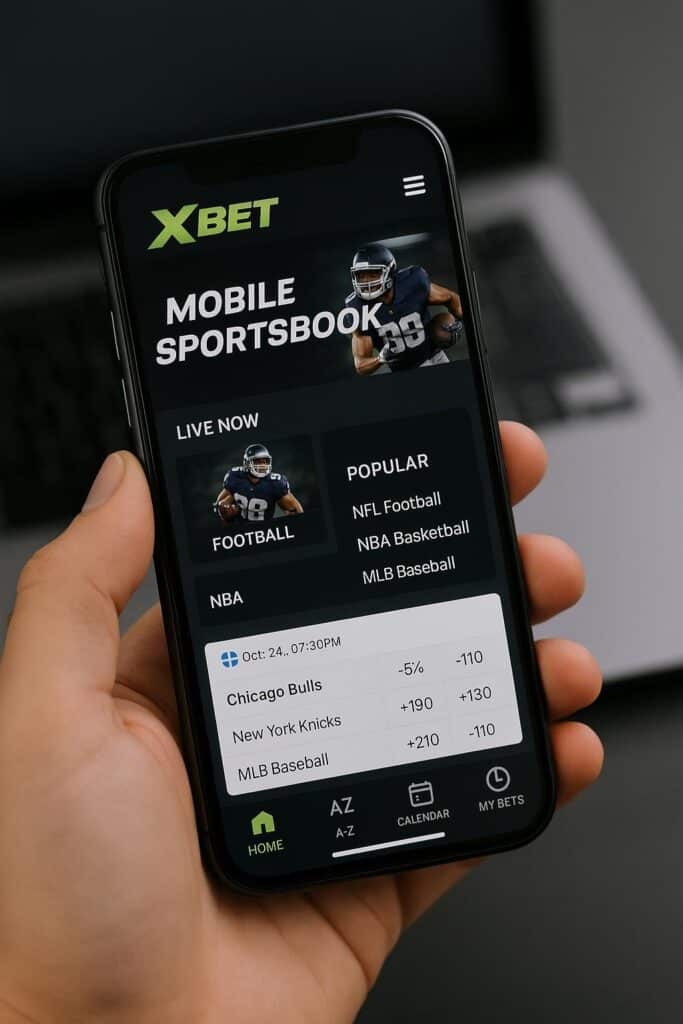 Xbet Mobile User Experience displayed on a smartphone showcasing live sports betting options and popular games like NFL and NBA enhancing user interaction and engagement.