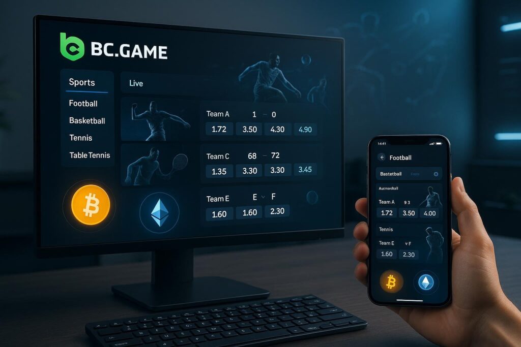 BC.GAME Crypto Sportsbook interface displayed on a computer and smartphone screen featuring live sports betting options for football basketball tennis and table tennis.
