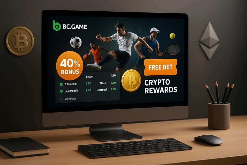 BC.GAME Crypto Sportsbook display showcasing bonuses and promotions with a 40 percent bonus offer and free bet crypto rewards highlighting sportsbook features.