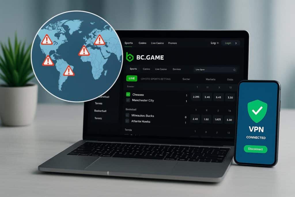 BC.GAME Crypto Sportsbook interface on laptop highlights country restrictions. Use a VPN on mobile to access and bypass limitations for seamless betting experience.