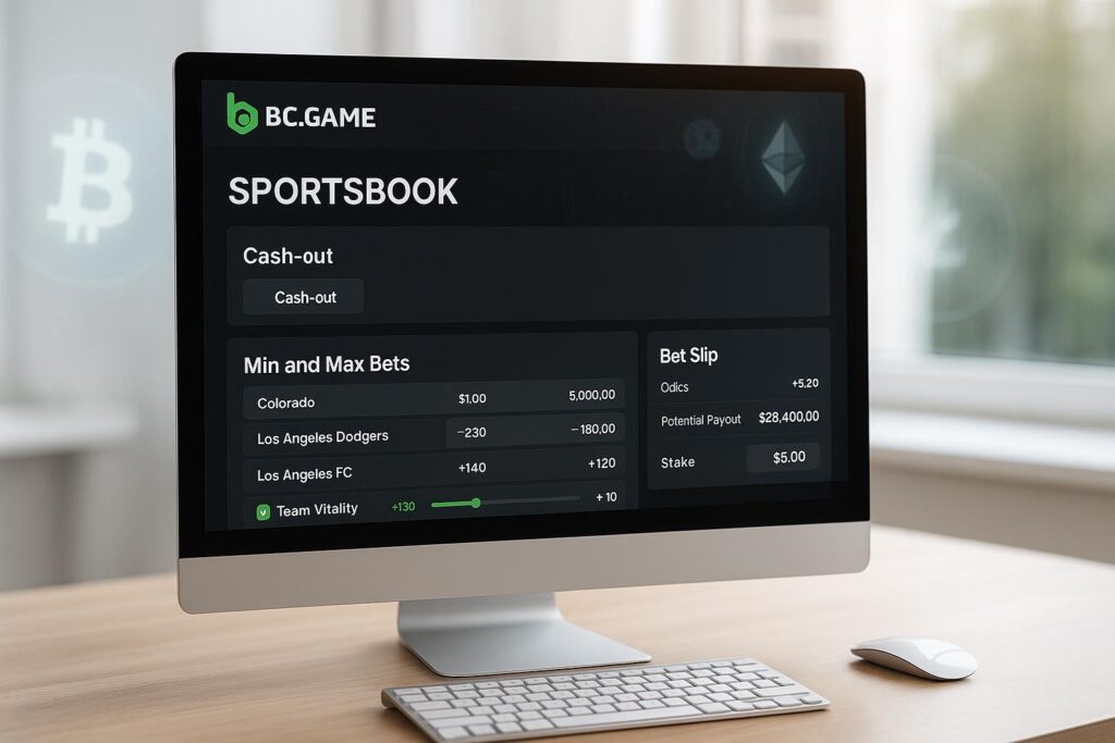 BC.GAME Crypto Sportsbook interface showcasing features like Cash-out, Min-Max Bets, and Parlay Bet Builder on a computer screen in a modern office setting.