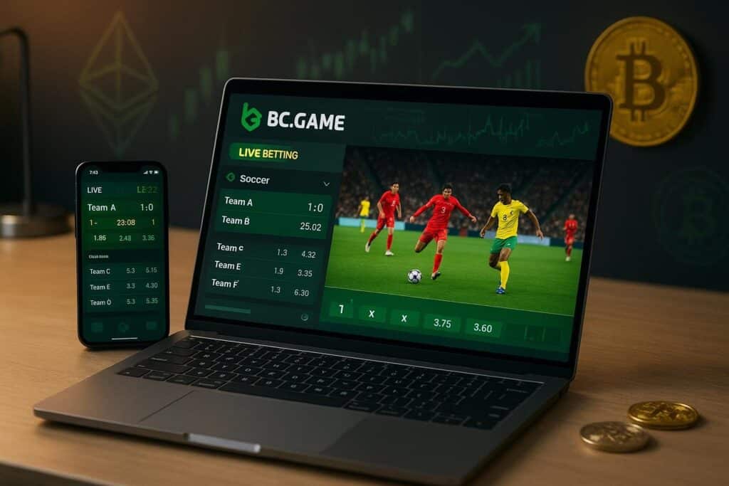 BC.GAME Crypto Sportsbook featuring Live Betting and Live Sports Streaming on a laptop and smartphone with digital sports odds and live soccer match displaying action.