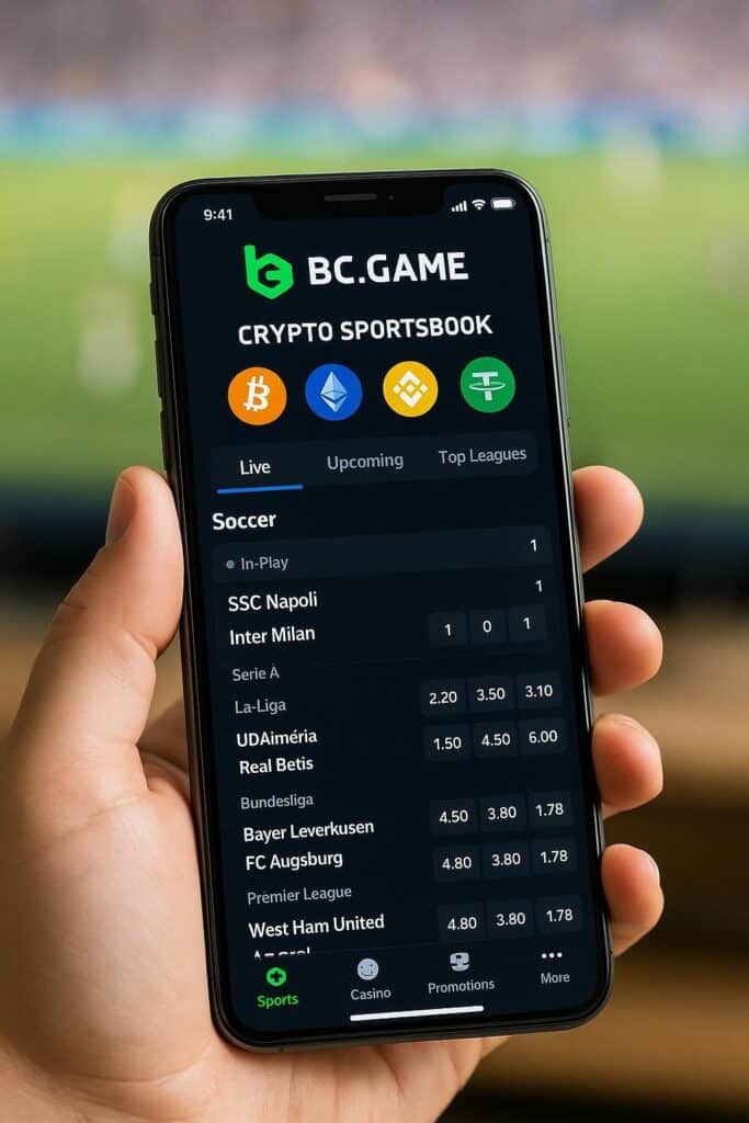 BC.GAME Crypto Sportsbook Mobile App displayed on a smartphone showing live soccer match updates and odds. Ideal for crypto betting enthusiasts seeking real-time sports action.