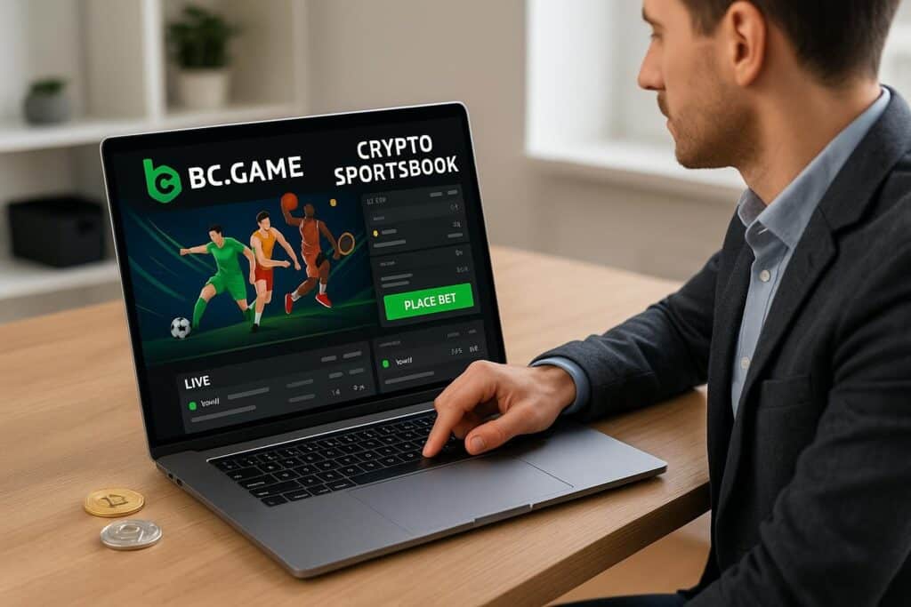 Person using a laptop to explore BC.GAME Crypto Sportsbook interface My Top Pick to Place a Bet showcasing the platform's features for online sports betting enthusiasts.