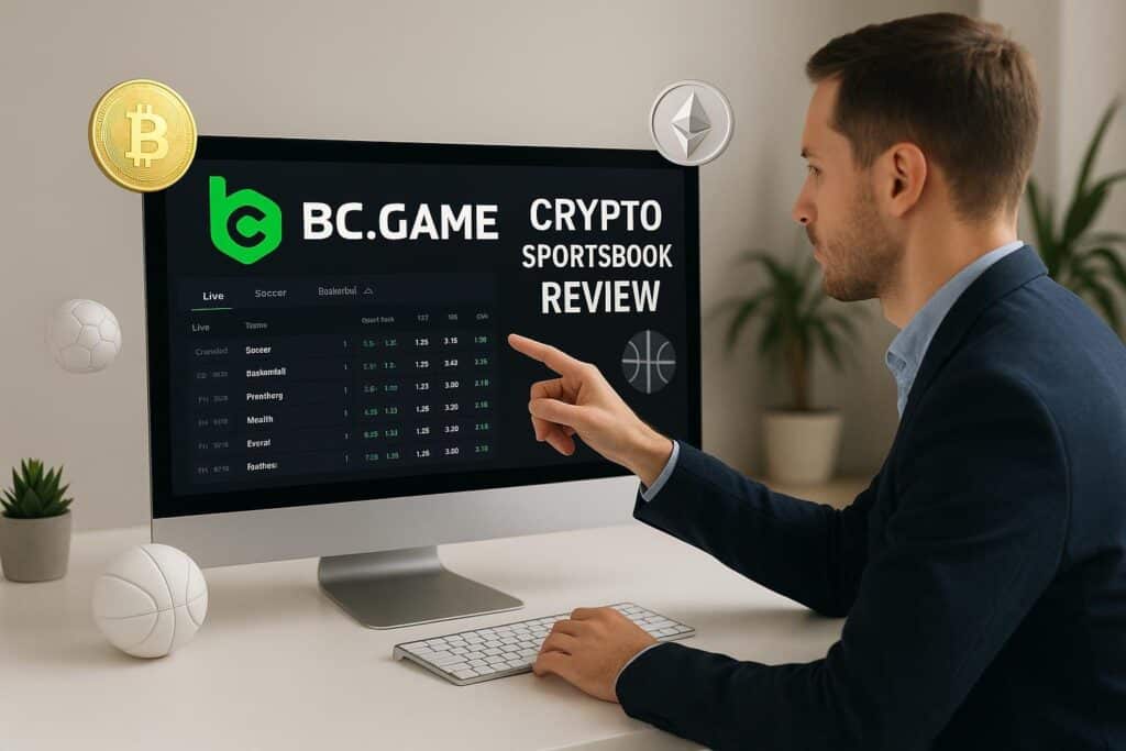 Professional analyzing BC.GAME Crypto Sportsbook Review on computer screen highlighting crypto betting options and features for an in-depth BC.GAME experience.