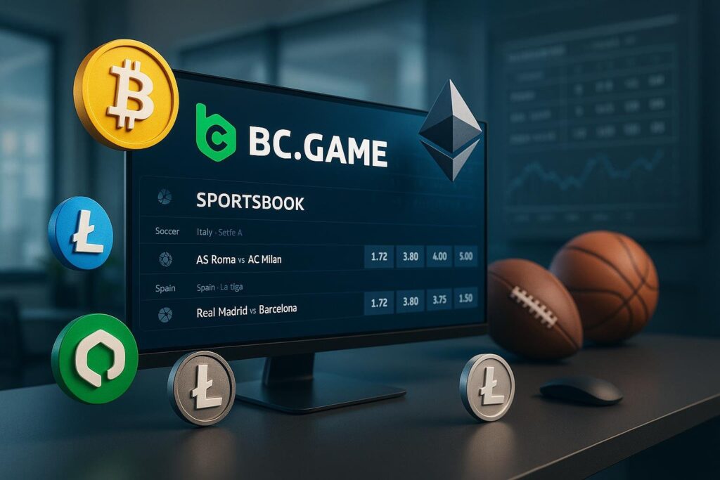 BC.GAME Crypto Sportsbook interface showcasing supported cryptocurrencies like Bitcoin Ethereum and Litecoin for seamless online sports betting experience