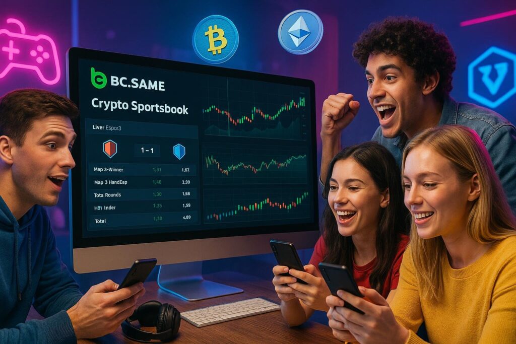 Group of excited gamers using BC.GAME Crypto Sportsbook for Esports. The scene shows active engagement with digital devices and a display featuring crypto charts and scores.