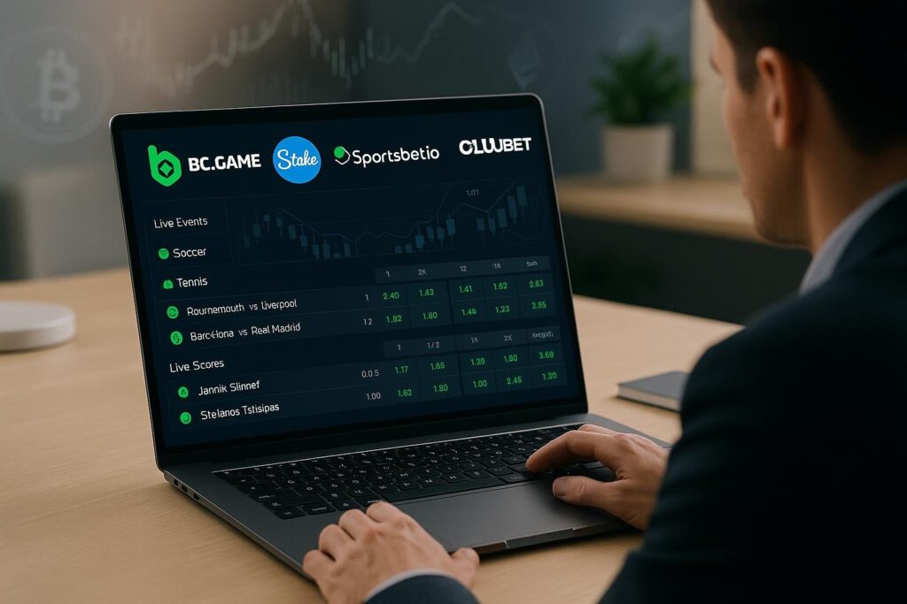 A user compares BC.GAME Crypto Sportsbook vs Stake SportsBet.io Cloudbet on a laptop screen featuring live sports events and scores in a modern office setting.