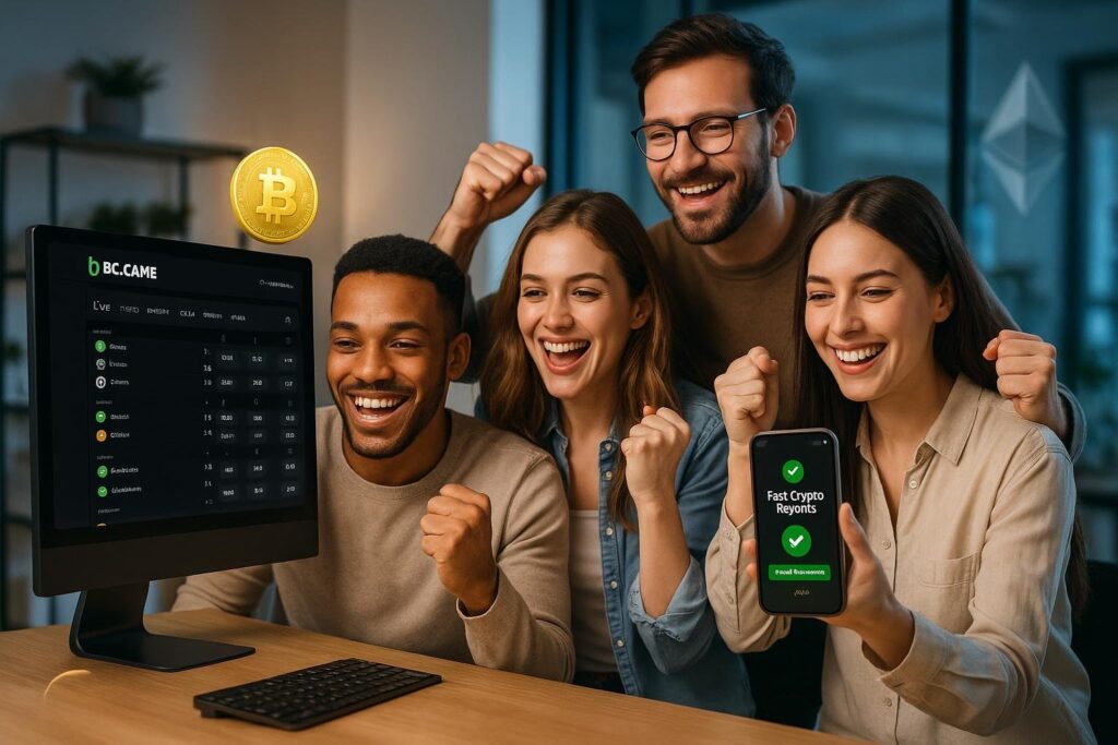 People celebrating winnings on BC.GAME Crypto Sportsbook with Fast Crypto Payouts on a computer and mobile phone emphasizing quick and secure crypto transactions.