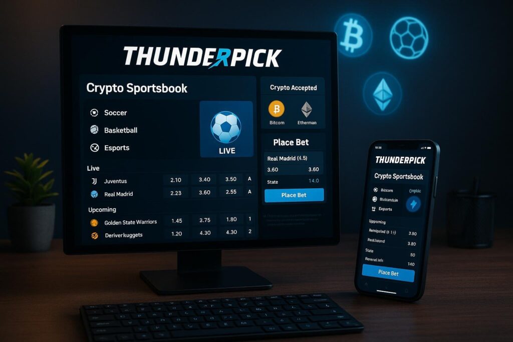"Explore Thunderpick Crypto Sportsbook Features showcasing live betting options for soccer and basketball displayed on a computer and mobile device for seamless gambling experience"