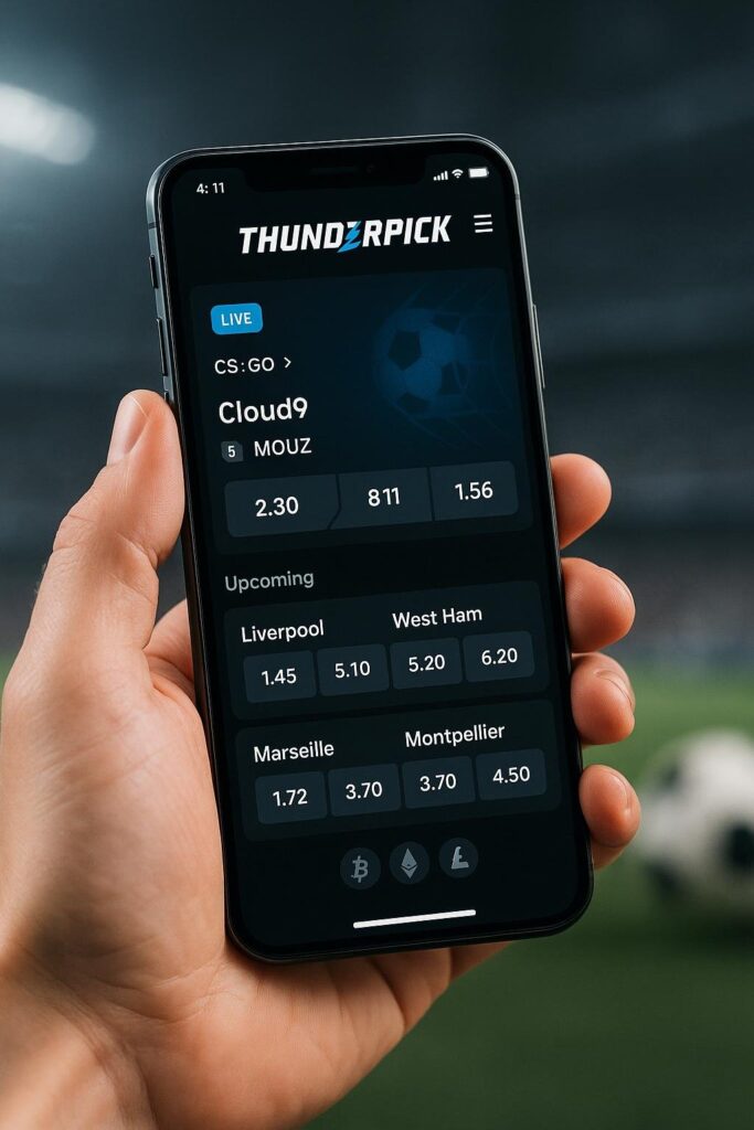 Person holding smartphone displaying Thunderpick Crypto Sportsbook Mobile App, showcasing live sports betting features and odds for popular teams in a user-friendly interface.