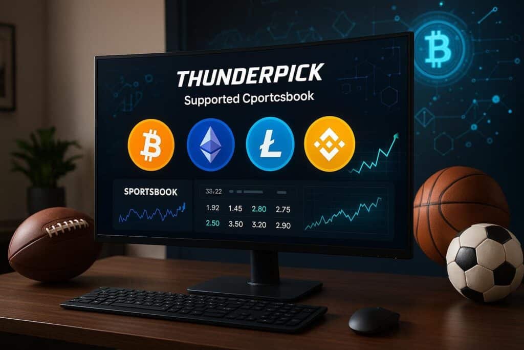 Thunderpick Crypto Sportsbook interface displaying supported cryptocurrencies including Bitcoin Ethereum Litecoin and Binance Coin with sports accessories on desk.