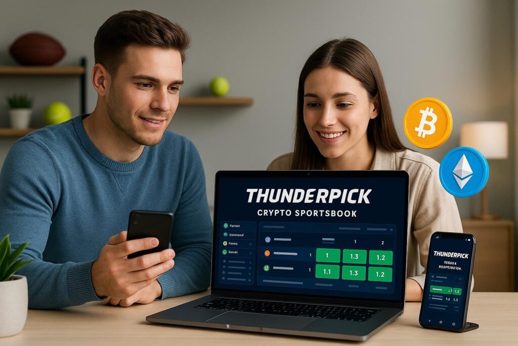 Smiling individuals using Thunderpick Crypto Sportsbook on laptop and smartphone. Discover top sports betting site features. Perfect for crypto enthusiasts and bettors.